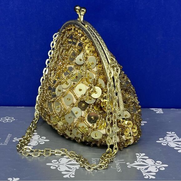 Vintage Gold Sequined Chain Strap Art Deco Flapper Purse Handmade Hong Kong - Picture 4 of 11